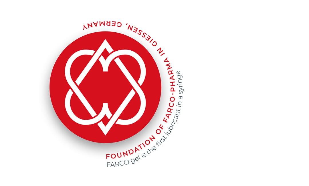 Rotes Logo von Farco mit einem stilisierten Symbol und dem Text „Foundation of Farco-Pharma in Giessen, Germany – Farco gel is the first lubricant in a syringe“.