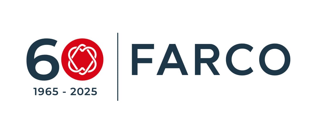 Logo von Farco mit „60 Jahre“ Jubiläumsdesign, rotem Symbol und den Jahreszahlen 1965–2025.